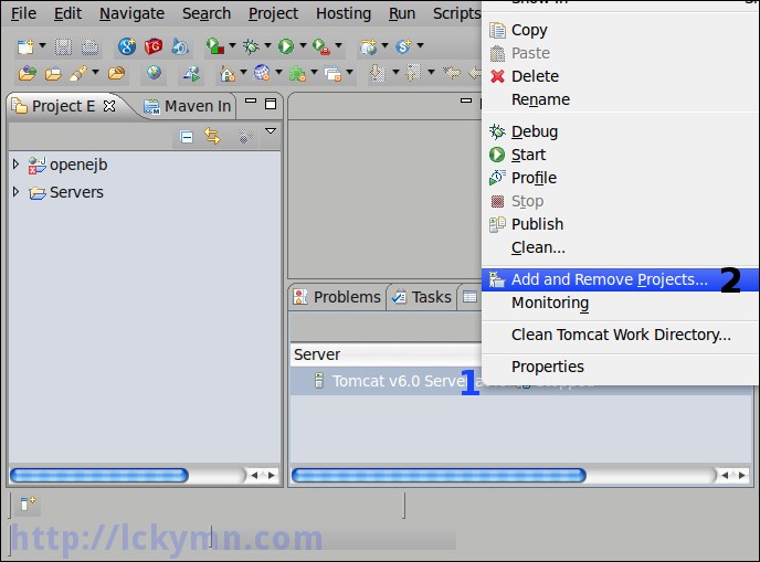Right click on the server name in the &#39;Server&#39; view -&gt; Select the &#39;Add and Remove Projects...&#39;