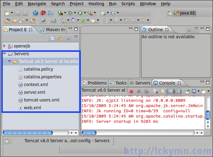 openejb.xml has to be copied to the Tomcat configuration folder of the Eclipse workspace.