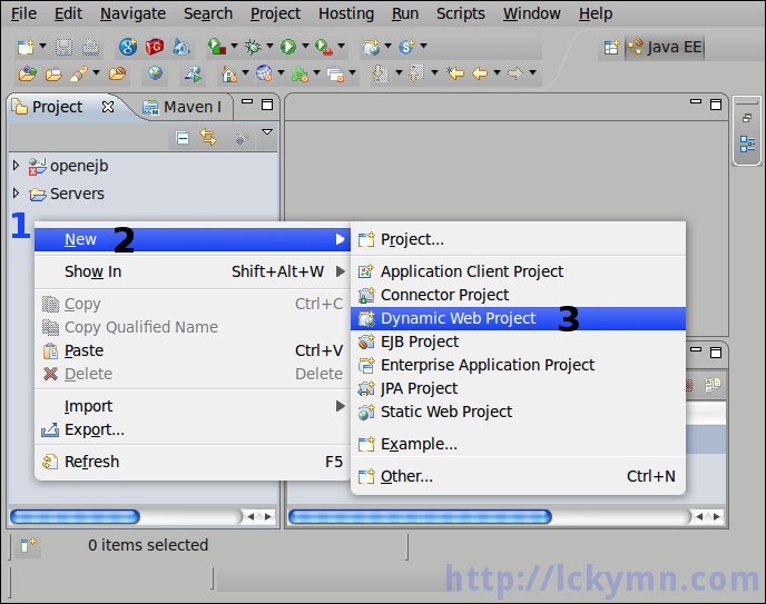 Right click on the project explorer -&gt; Select &#39;New&#39; -&gt; Select &#39;Dynamic Web Project&#39;