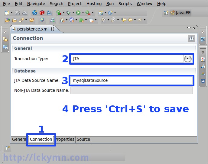 Click the &#39;Connection&#39; tab -&gt; Select the &#39;JTA&#39; as the &#39;Transaction Type&#39; -&gt; Type &#39;mysqlDataSource&#39; or your datasource name added in the previous steps. -&gt; Press &#39;Ctrl + S&#39; keys to save the file.